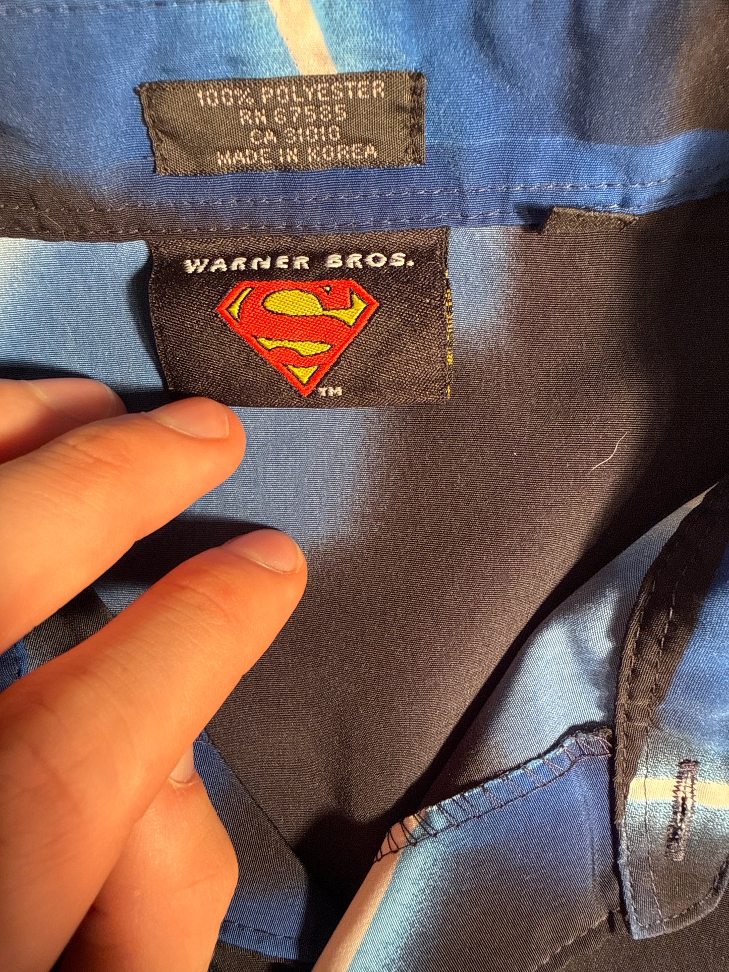 Vintage 2002 Warner Bros Superman Blue Lightning All-Over Print Button-Up