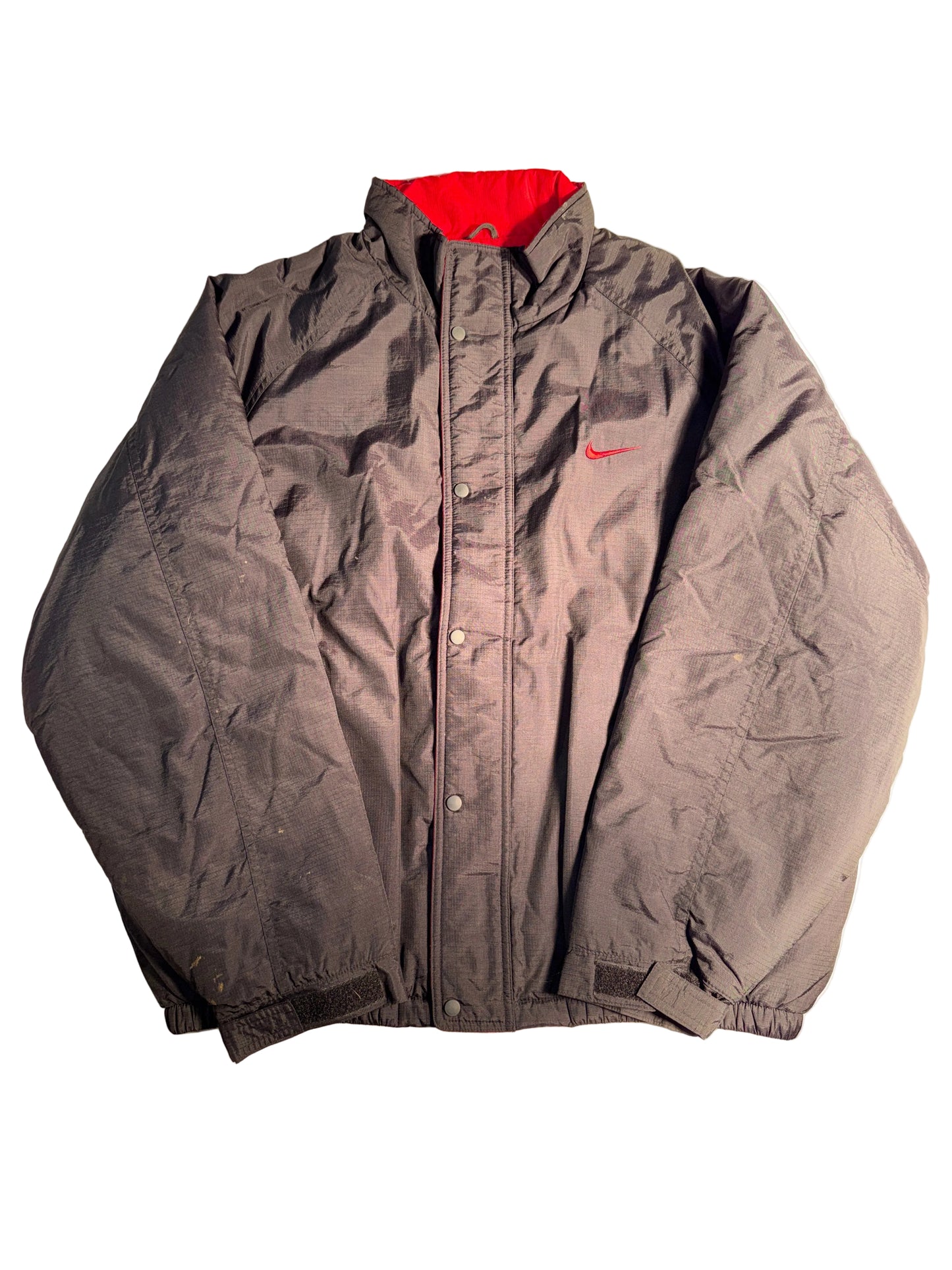 Vintage 90s Nike Puffer Jacket Black Red Swoosh Full Zip Snap Flap Mens