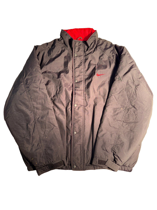 Vintage 90s Nike Puffer Jacket Black Red Swoosh Full Zip Snap Flap Mens