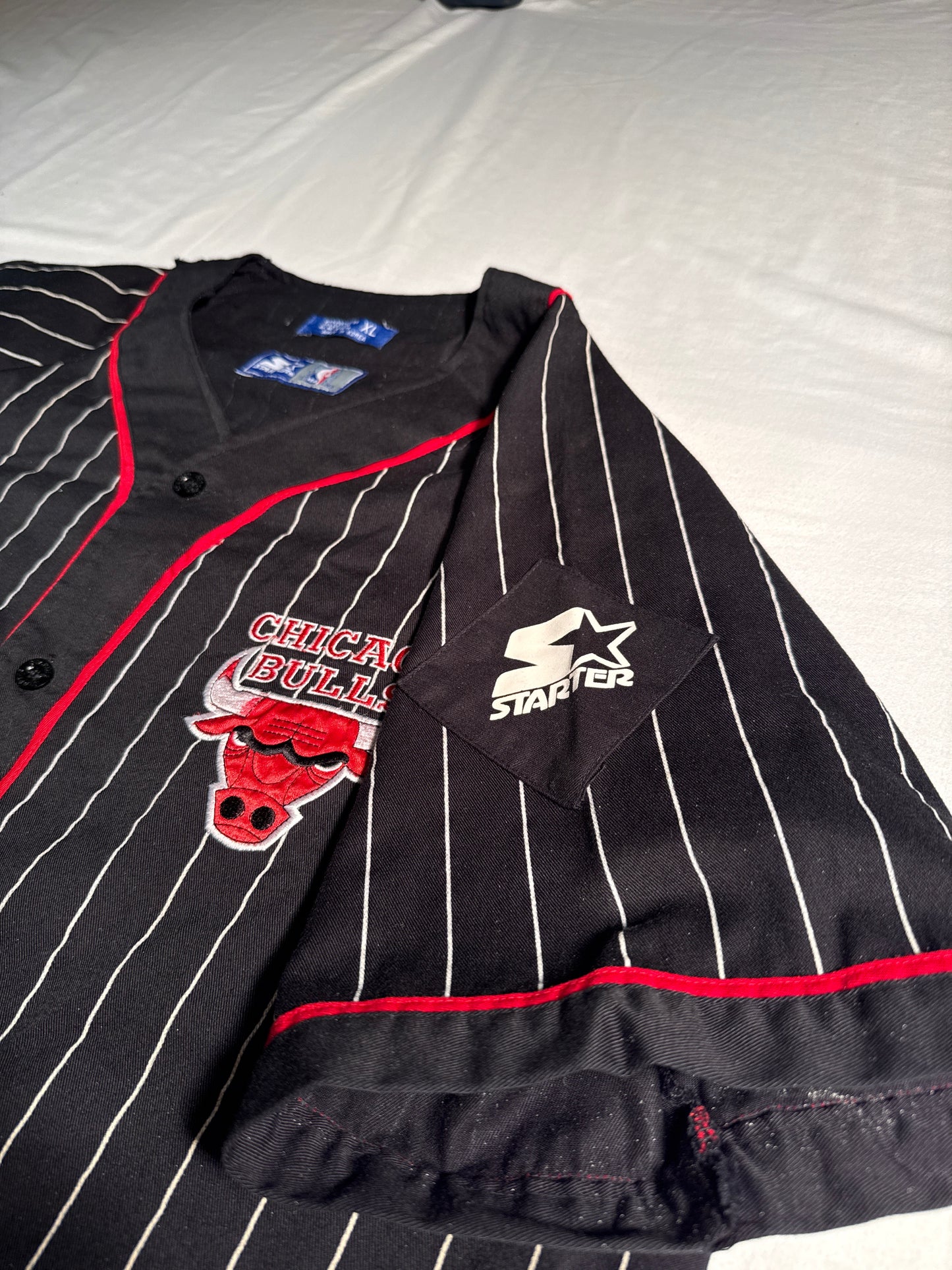 Vintage 90s Starter Chicago Bulls Pinstripe Baseball Jersey Black XL NBA Button Up