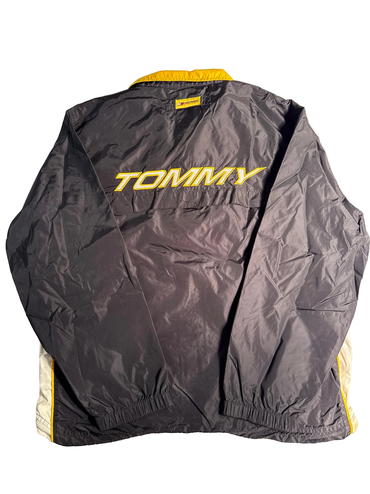 Vintage 90s Tommy Hilfiger Athletics Windbreaker Jacket Mens Black Yellow Full Zip