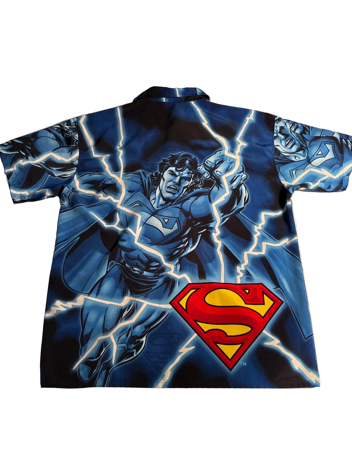 Vintage 2002 Warner Bros Superman Blue Lightning All-Over Print Button-Up