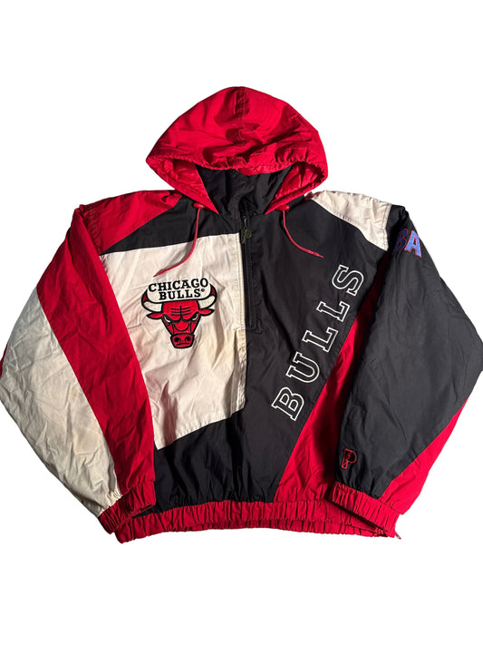 Vintage 90s Pro Player Chicago Bulls Colorblock Half-Zip Hooded Windbreaker Jacket