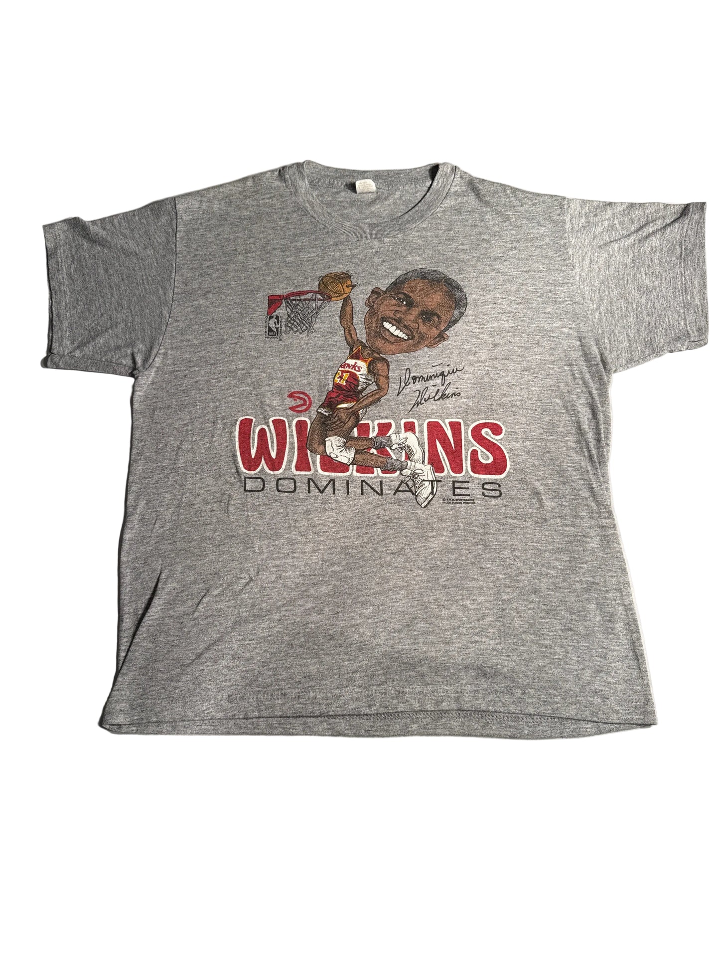Vintage 80s Dominique Wilkins Atlanta Hawks “Wilkins Dominates” Caricature Tee
