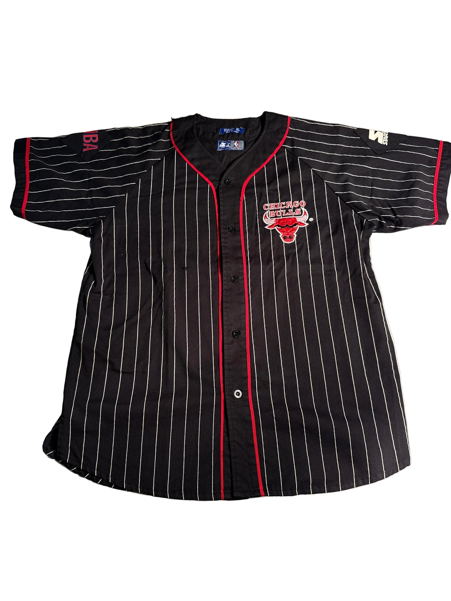 Vintage 90s Starter Chicago Bulls Pinstripe Baseball Jersey Black XL NBA Button Up