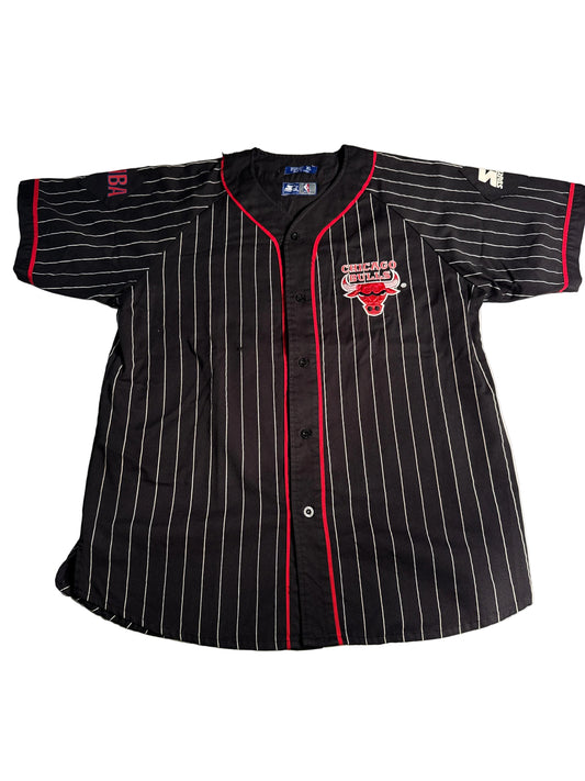 Vintage 90s Starter Chicago Bulls Pinstripe Baseball Jersey Black XL NBA Button Up