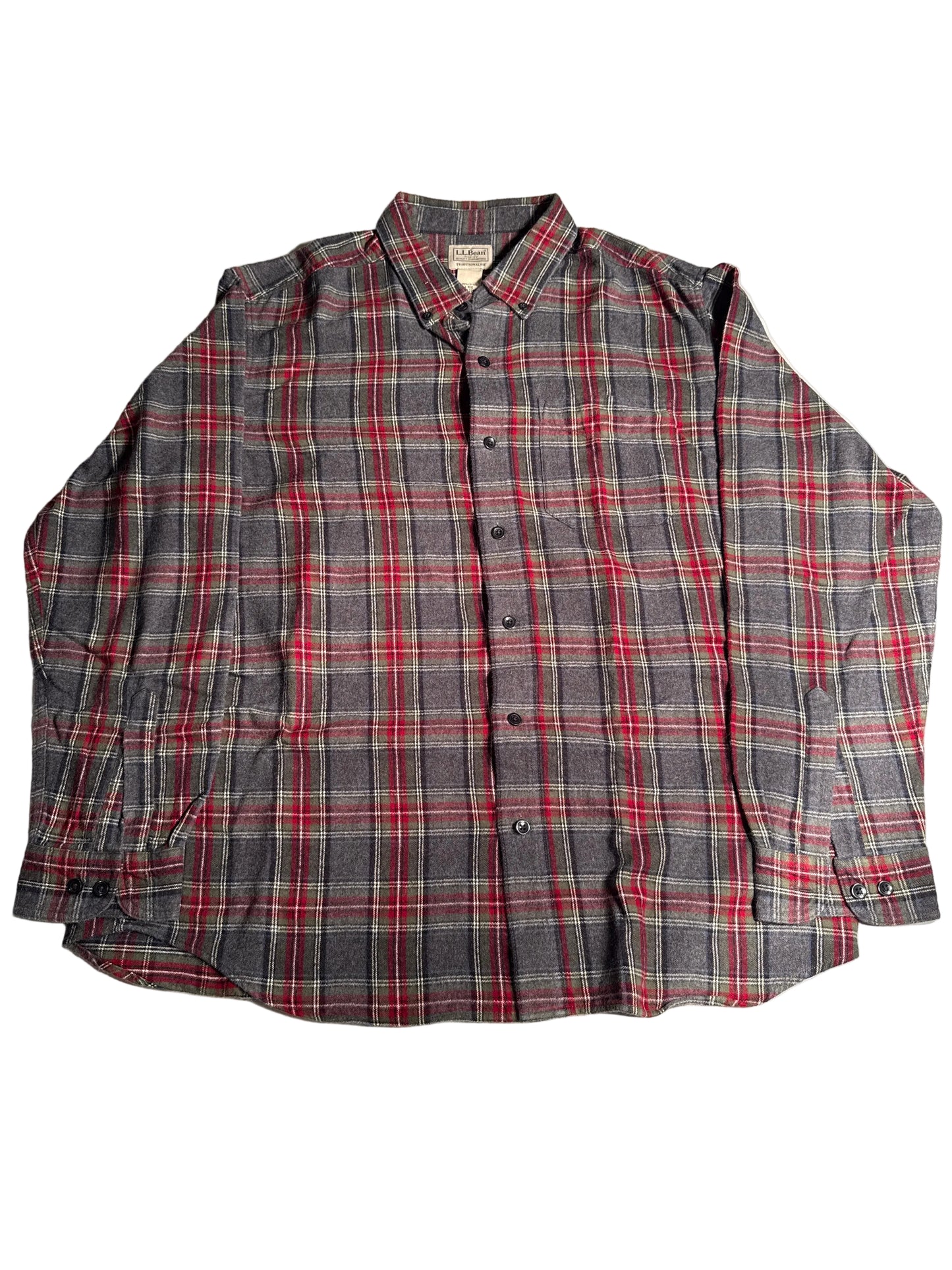 L.L. Bean Gray & Red Plaid Flannel Button Down