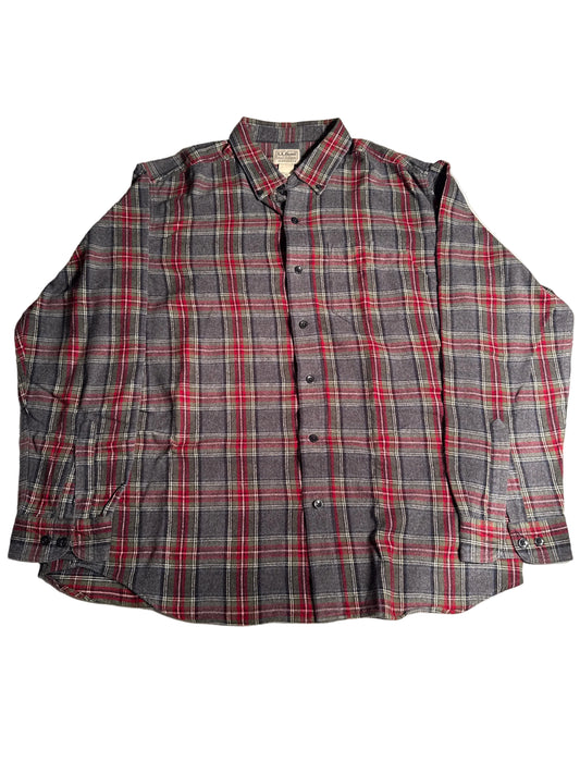 L.L. Bean Gray & Red Plaid Flannel Button Down