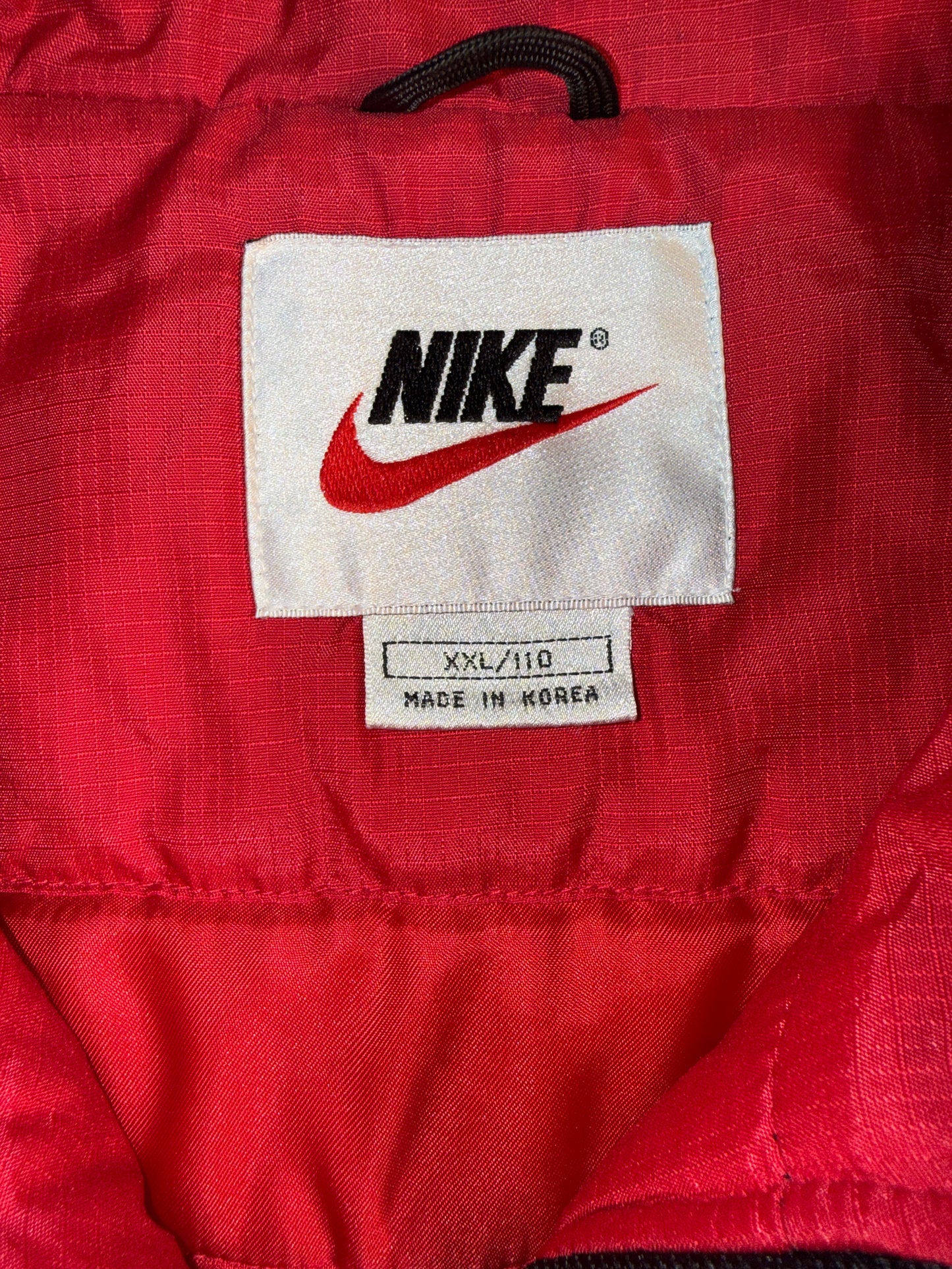 Vintage 90s Nike Puffer Jacket Black Red Swoosh Full Zip Snap Flap Mens
