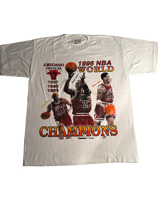 Vintage 1996 Chicago Bulls World Champions Michael Jordan Scottie Pippen Dennis Rodman T-Shirt