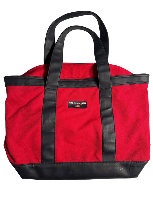 Vintage Polo Ralph Lauren Red Canvas Tote Bag with Navy Blue Trim