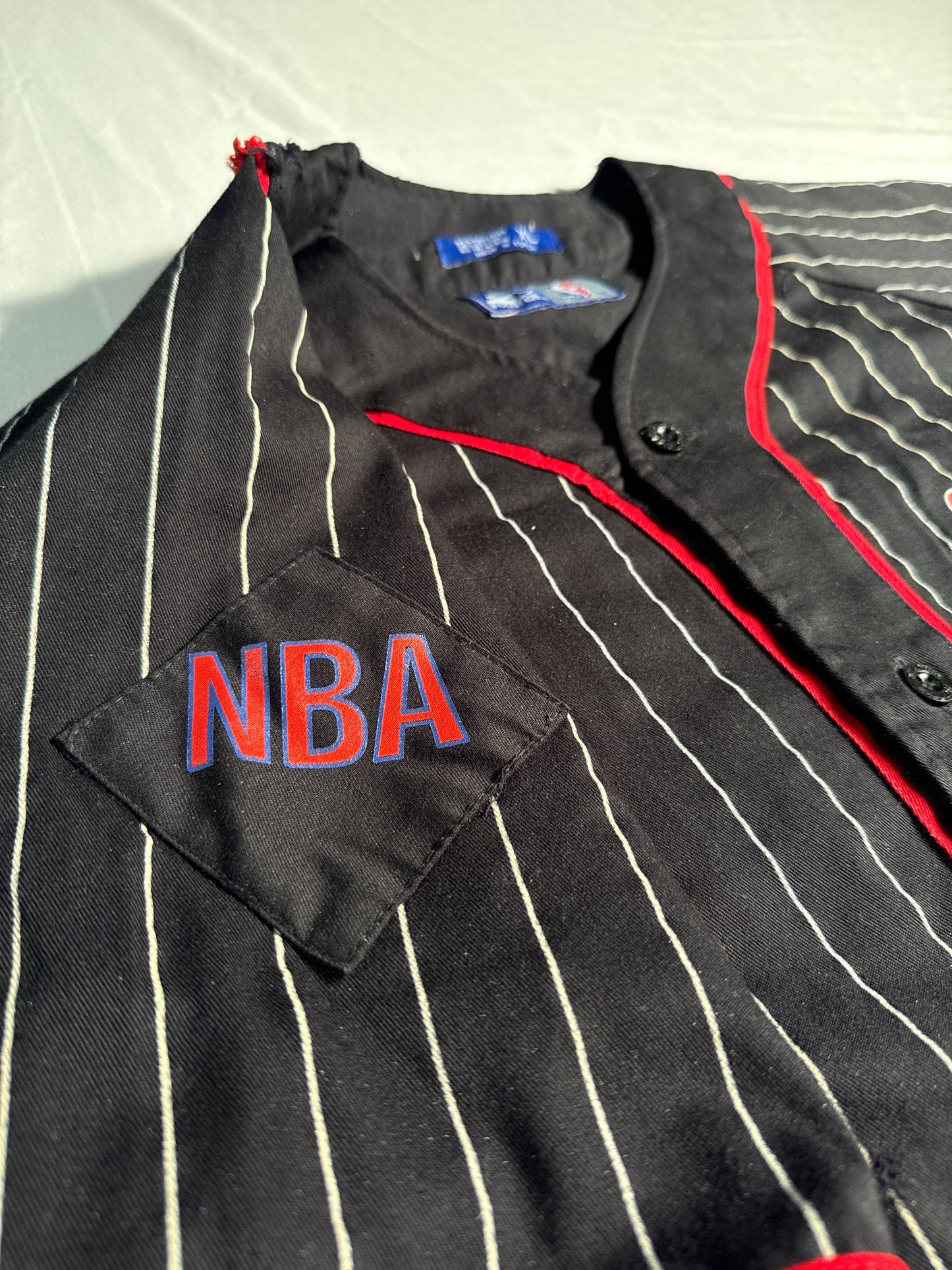 Vintage 90s Starter Chicago Bulls Pinstripe Baseball Jersey Black XL NBA Button Up