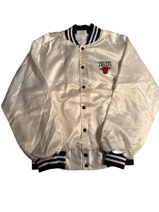 Vintage 90s Chicago Bulls White Satin Snap-Button Bomber Jacket