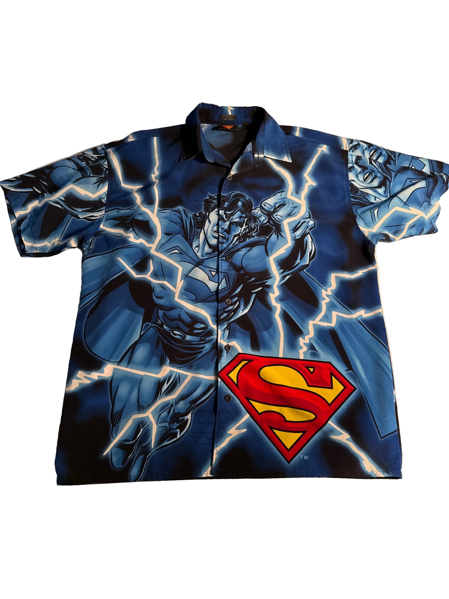 Vintage 2002 Warner Bros Superman Blue Lightning All-Over Print Button-Up
