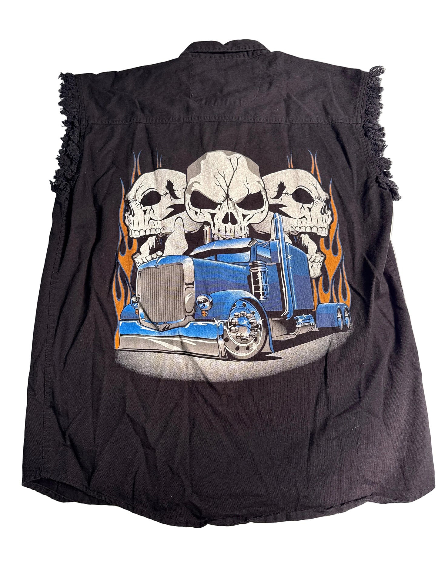 Y2K Skull & Blue Flame Sleeveless Biker Button-Up ￼