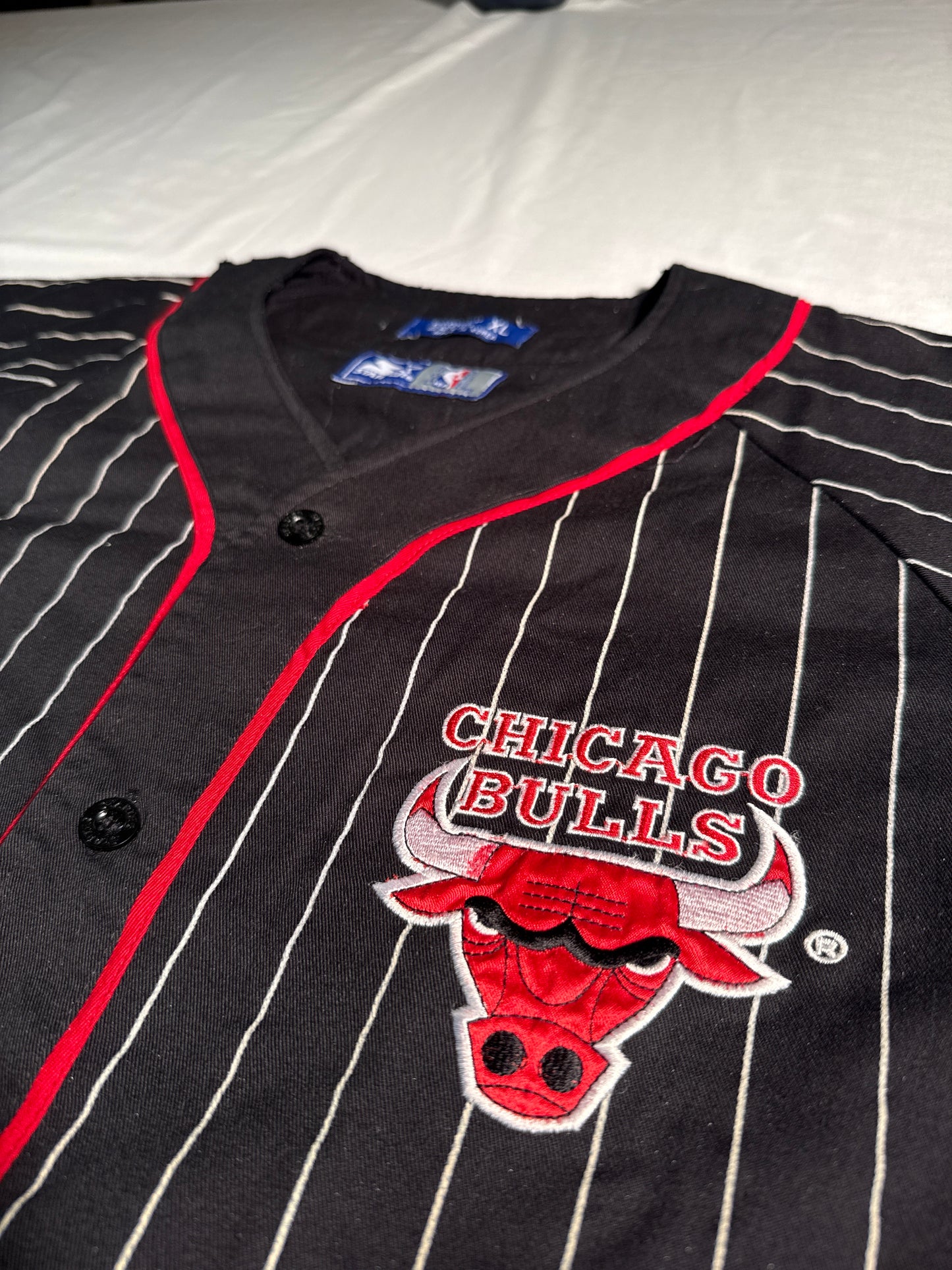 Vintage 90s Starter Chicago Bulls Pinstripe Baseball Jersey Black XL NBA Button Up