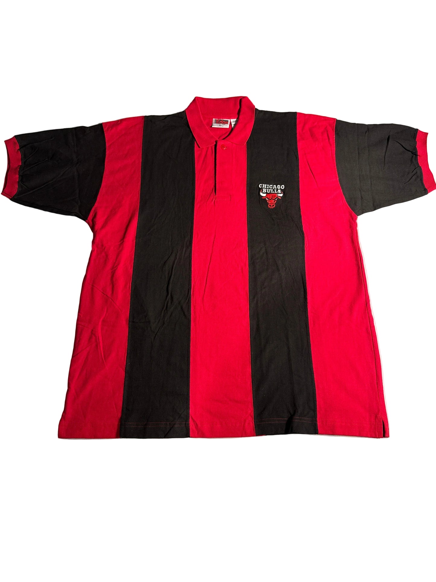 Vintage 1998 Pro Edge Chicago Bulls NBA Red & Black Block-Striped Polo Shirt (New With Tag)