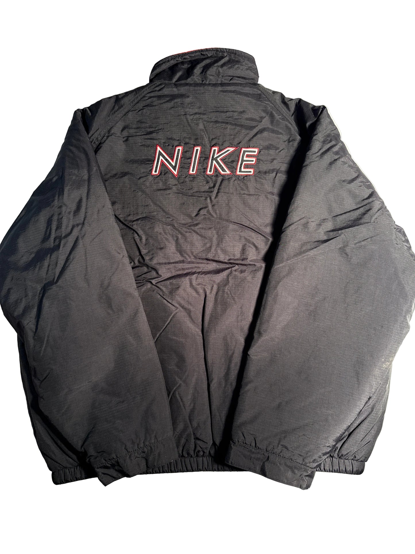 Vintage 90s Nike Puffer Jacket Black Red Swoosh Full Zip Snap Flap Mens