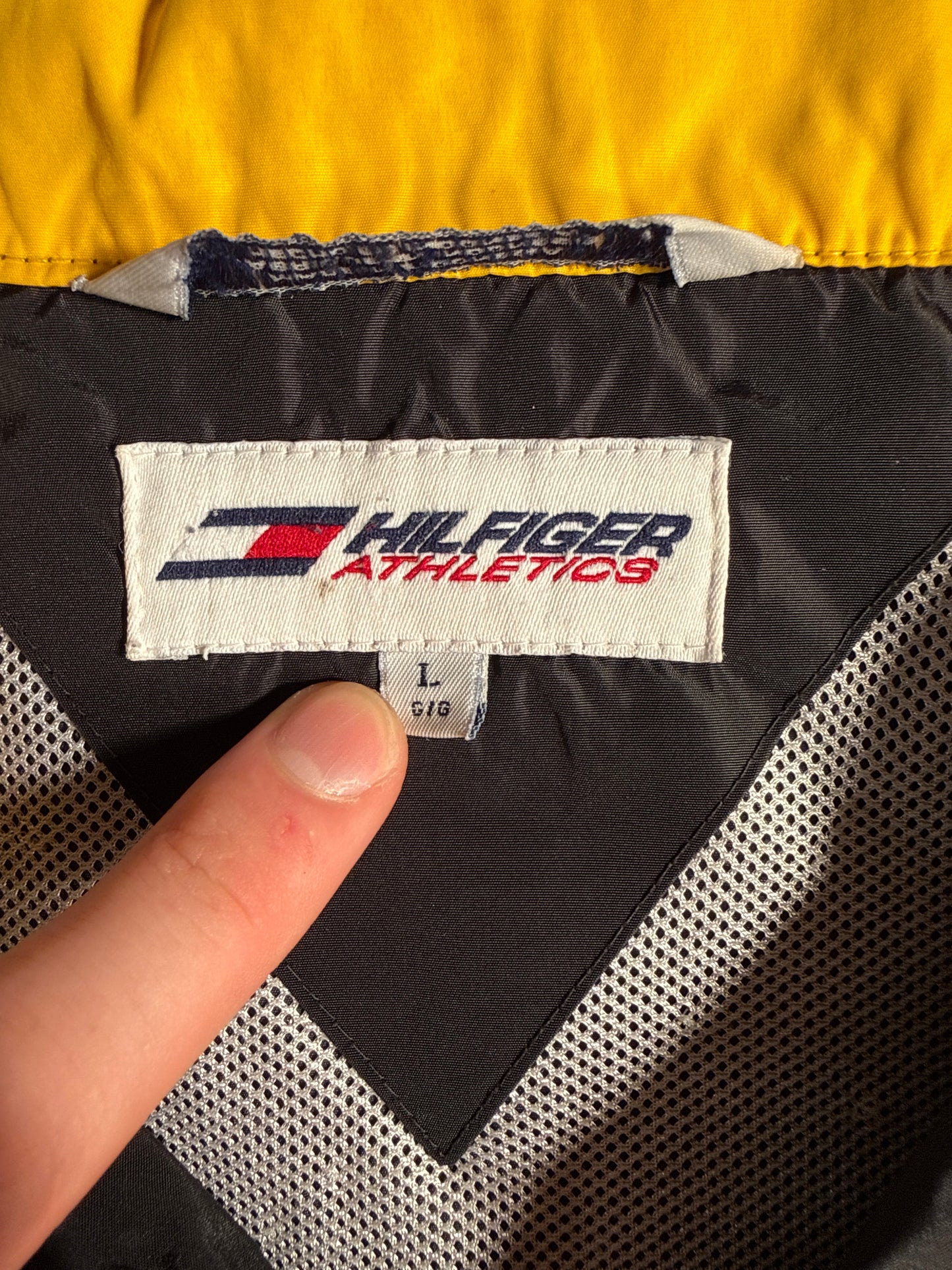 Vintage 90s Tommy Hilfiger Athletics Windbreaker Jacket Mens Black Yellow Full Zip