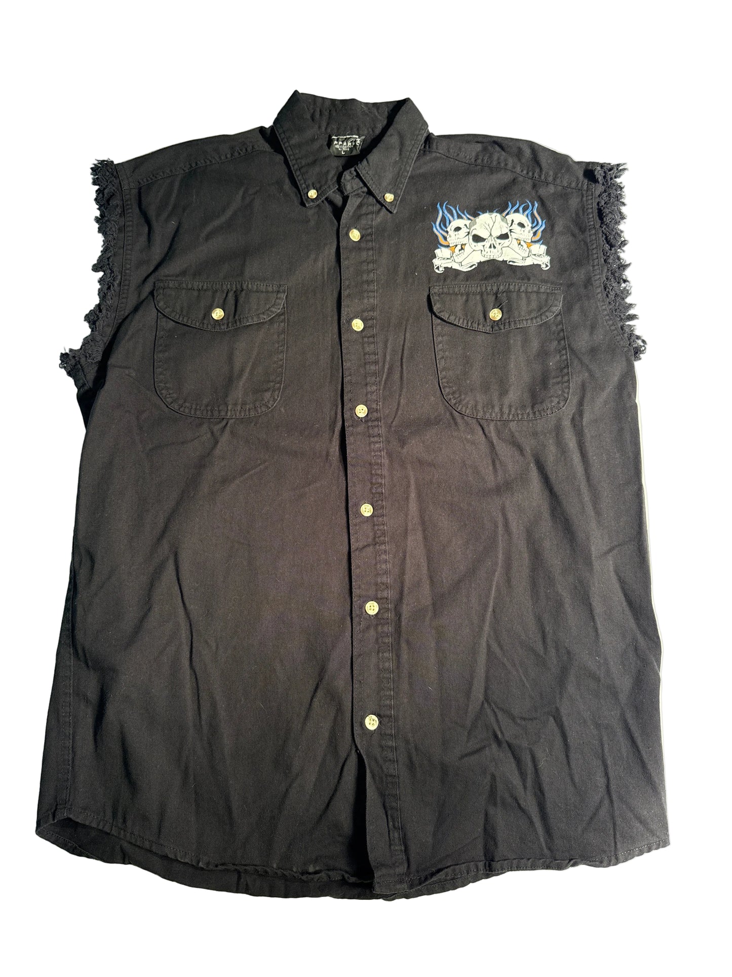 Y2K Skull & Blue Flame Sleeveless Biker Button-Up ￼