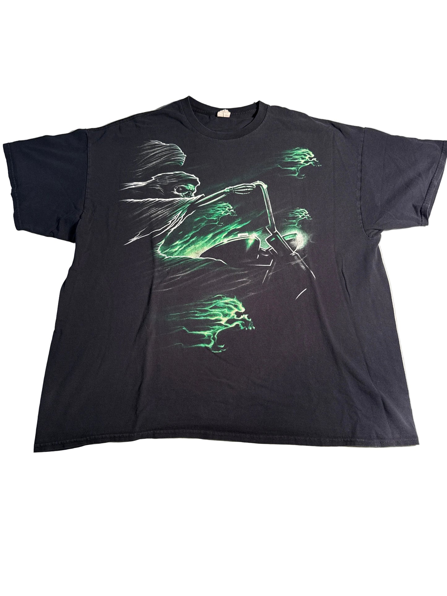 Y2K Grim Reaper Green Flame Motorcycle Biker Graphic Tee