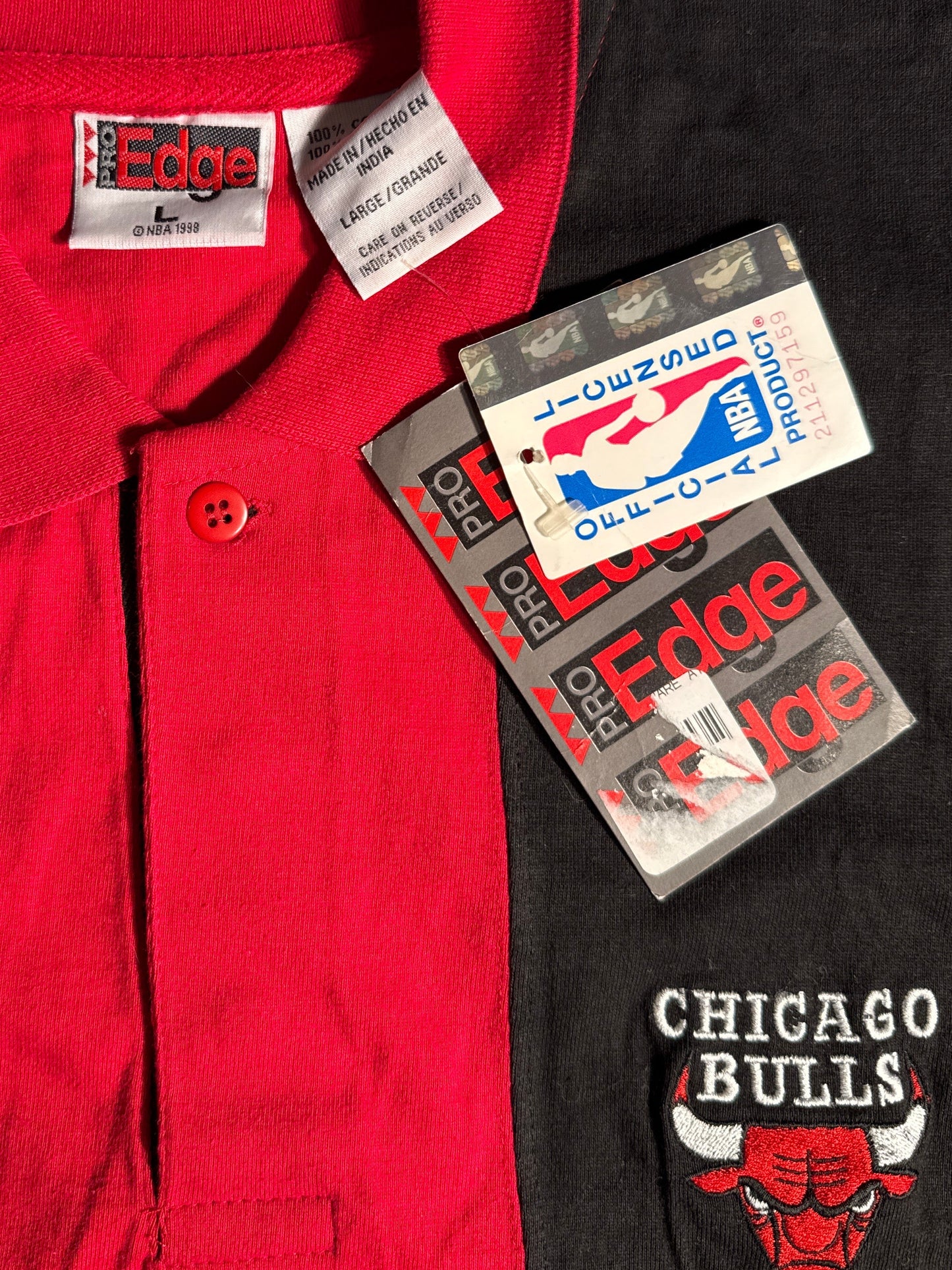 Vintage 1998 Pro Edge Chicago Bulls NBA Red & Black Block-Striped Polo Shirt (New With Tag)