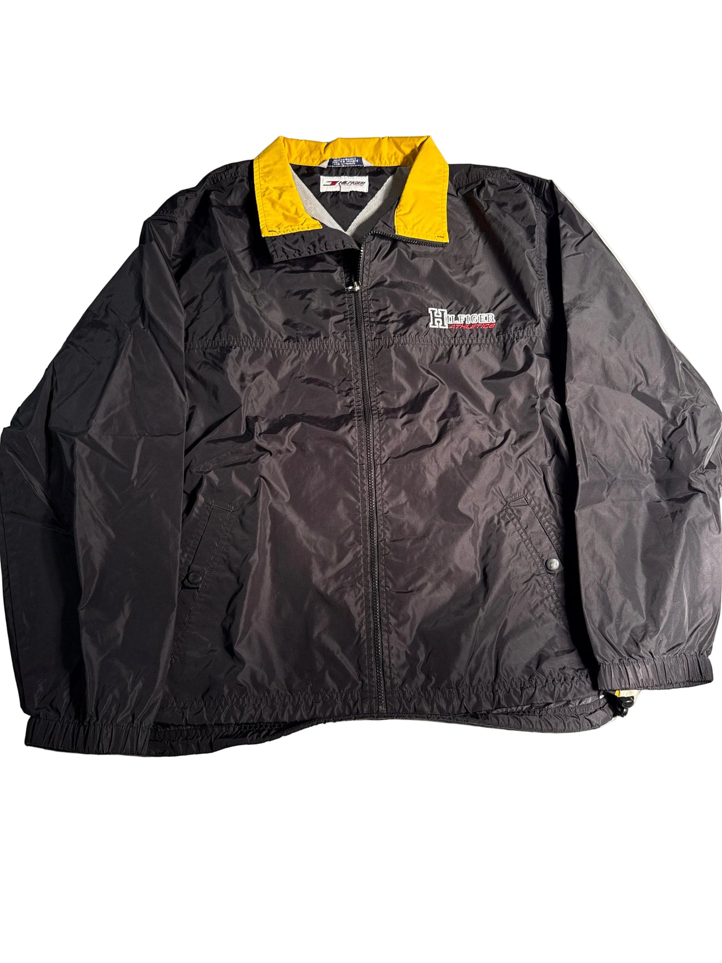 Vintage 90s Tommy Hilfiger Athletics Windbreaker Jacket Mens Black Yellow Full Zip