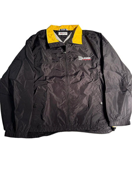 Vintage 90s Tommy Hilfiger Athletics Windbreaker Jacket Mens Black Yellow Full Zip