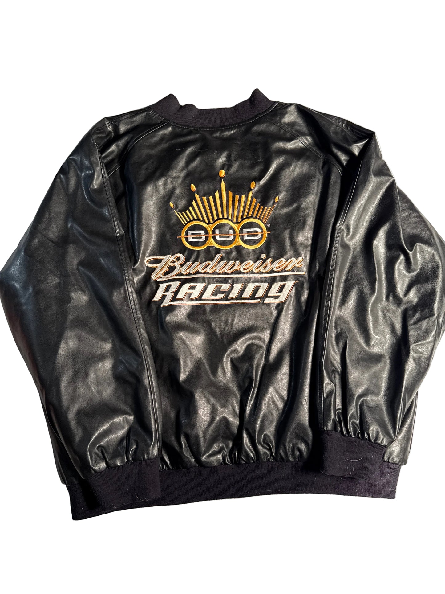 Vintage 90s Budweiser Bud Racing Varsity Jacket Black Faux Leather Sleeves