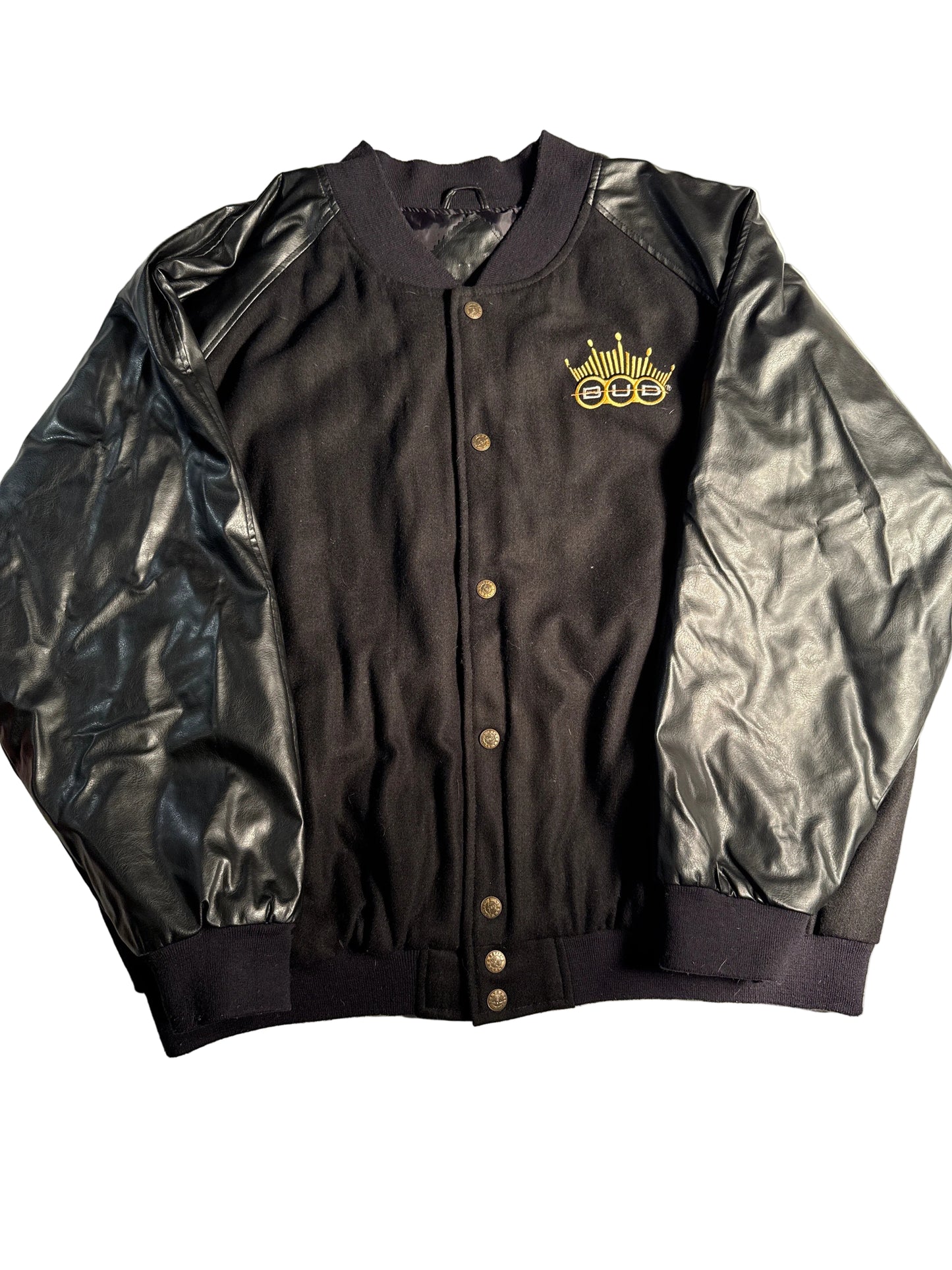 Vintage 90s Budweiser Bud Racing Varsity Jacket Black Faux Leather Sleeves